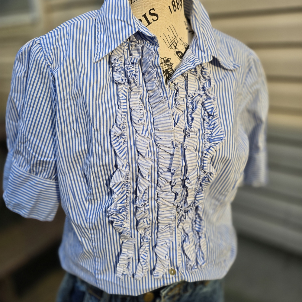 Blue & White Striped Ruffle Button-Up Blouse